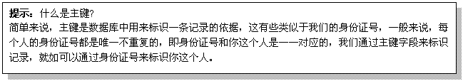 文本框: 提示：什么是主键?
简单来说，主键是数据库中用来标识一条记录的依据，这有些类似于我们的身份证号，一般来说，每个人的身份证号都是唯一不重复的，即身份证号和你这个人是一一对应的，我们通过主键字段来标识记录，就如可以通过身份证号来标识你这个人。

